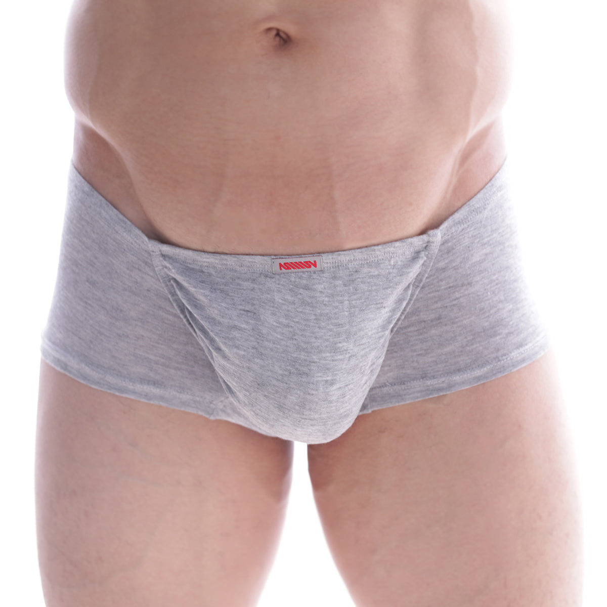 Gray heathered cotton MetroMaleWear Bosillo short boxer briefs with a red brand tag at the waistband