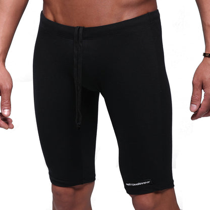 Black cotton athletic shorts with drawstring waistband and metromalewear logo on lower right leg by MetroMaleWear