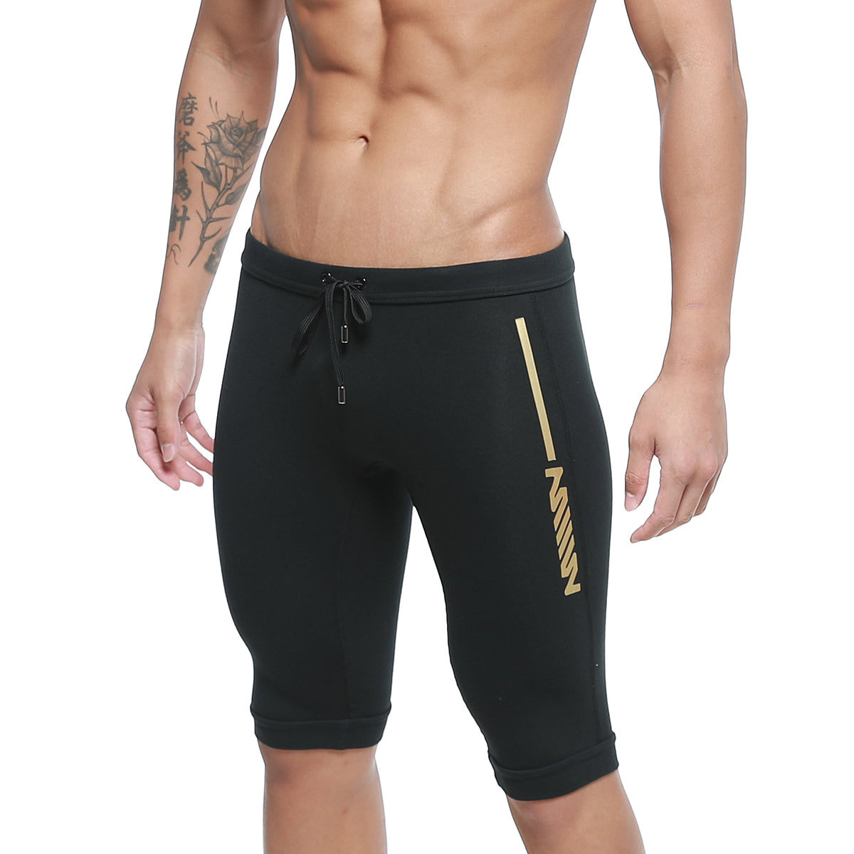 Black athletic shorts metro malewear mojave biker with gold stripe logo elastic waistband and drawstring