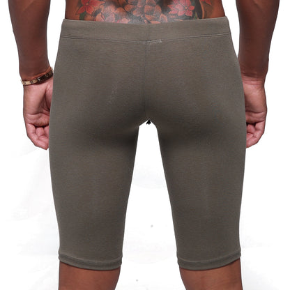 Olive green cotton stretch bike shorts with high waistband and ribbed cuffs by metromalewear model 3020-26