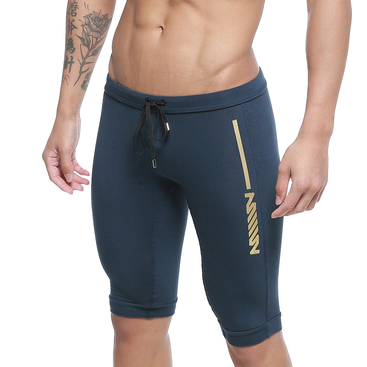 Dark blue metro male wear mojave biker athletic shorts with gold stripe logo elastic waistband and drawstring
