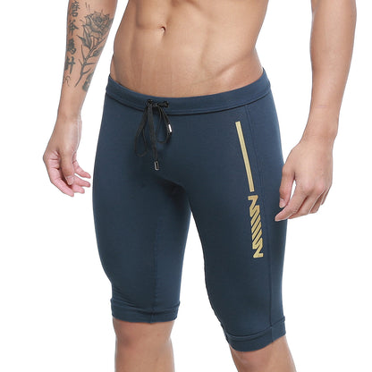 Dark blue metro male wear mojave biker athletic shorts with gold stripe logo elastic waistband and drawstring