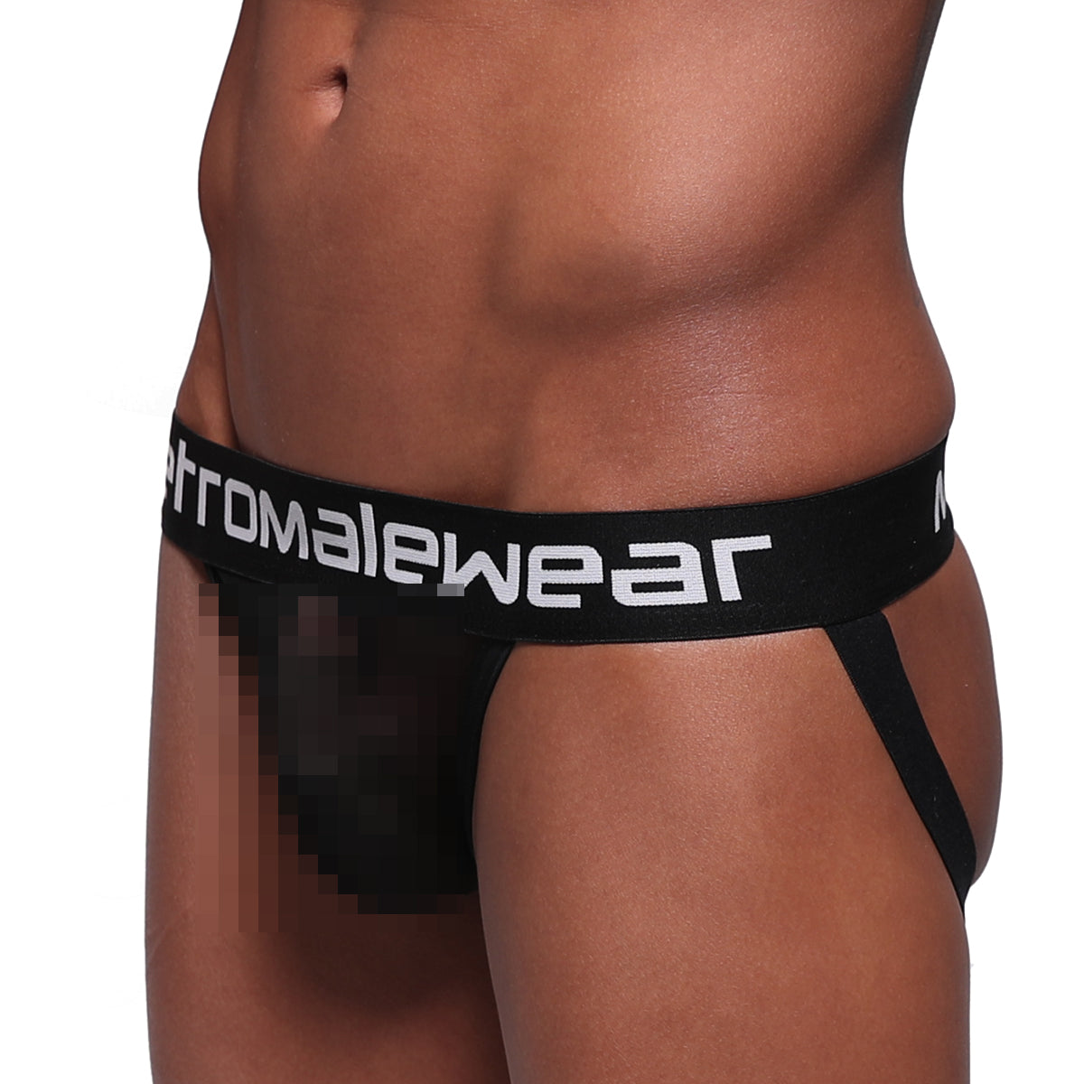 Black chromalewear metro male wear alba jock strap briefs with white logo waistband front view