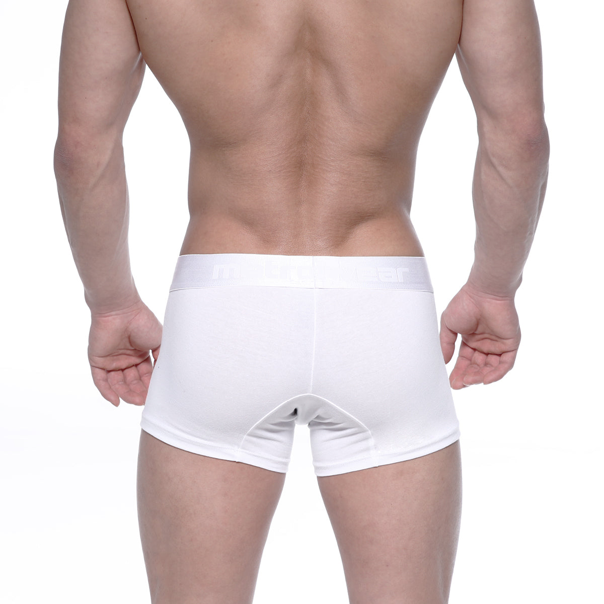 White metro malewear cotton short boxer briefs with smooth form fitting design and subtle waistband branding