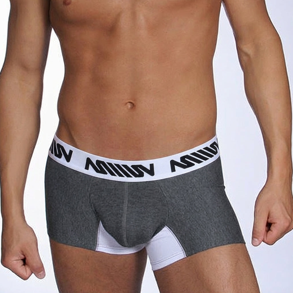 Gray and white metro male wear challenger 7 inch boxer briefs with black logo waistband for comfortable daily use