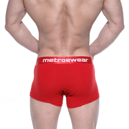 Red metrowear cotton boxer briefs in crimson with a white logo waistband designed for everyday comfort and style