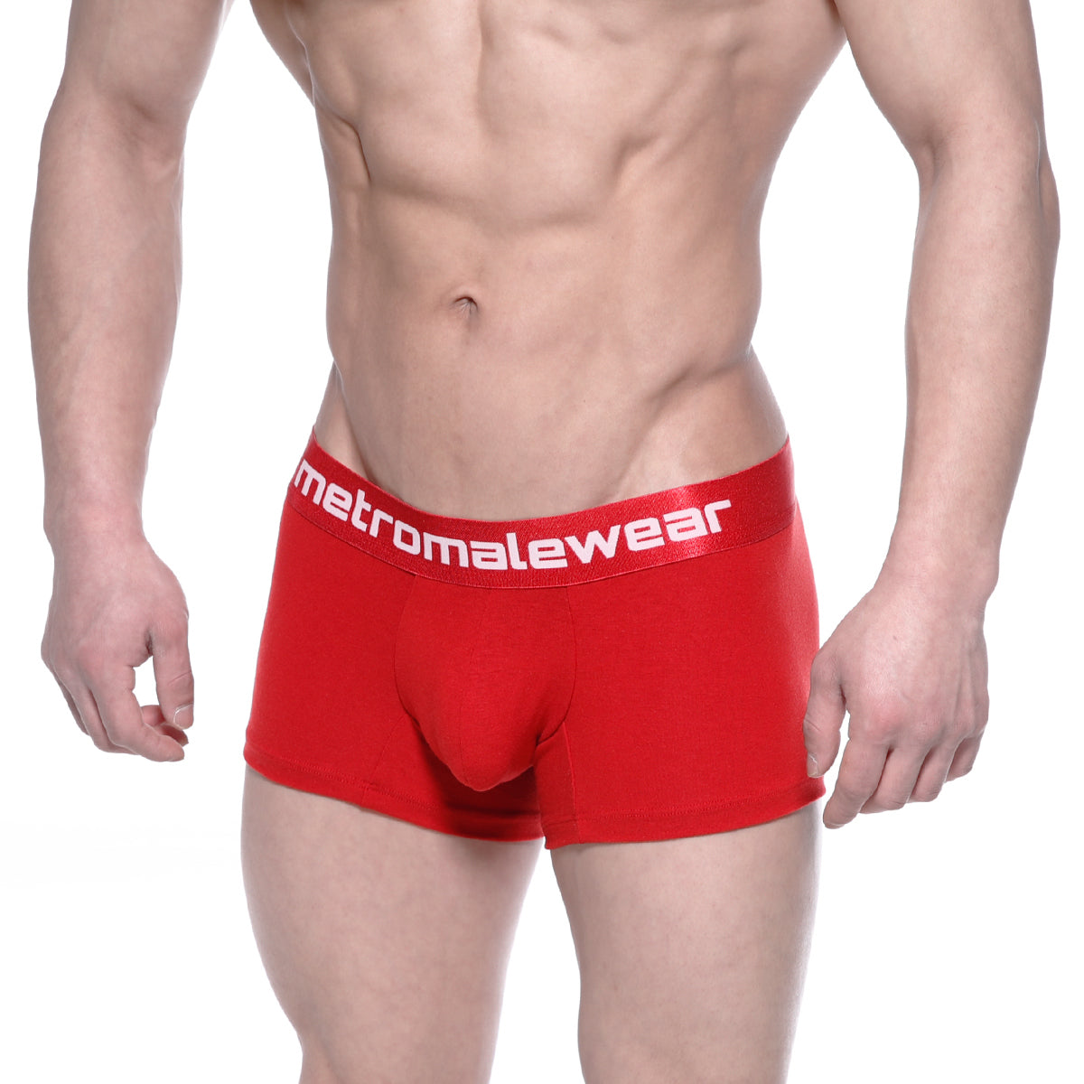 Red cotton men’s briefs with a 7 inch inseam and white metromalewear logo on the elastic waistband