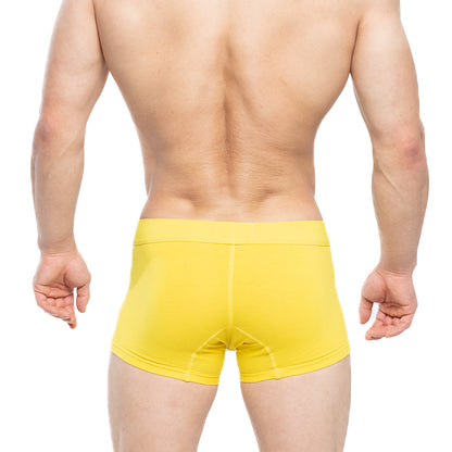 Bright yellow metro malewear tesoro short boxer 7 inch briefs with smooth form fitting fabric and solid color design