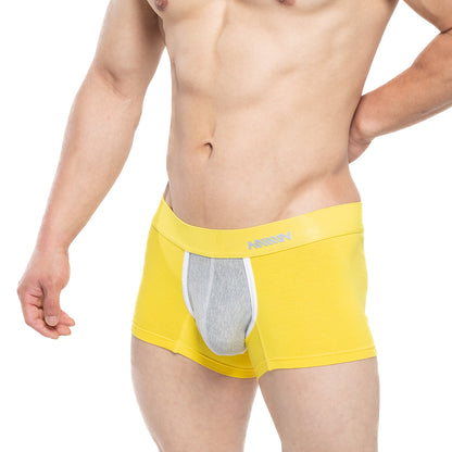 Bright yellow MetroMaleWear Tesoro short boxer 7 inch with gray mesh panel white trim and men’s logo waistband