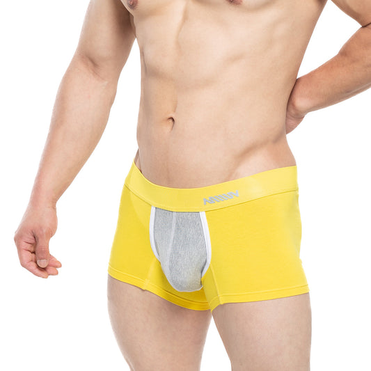 Bright yellow MetroMaleWear Tesoro short boxer 7 inch with gray mesh panel white trim and men’s logo waistband