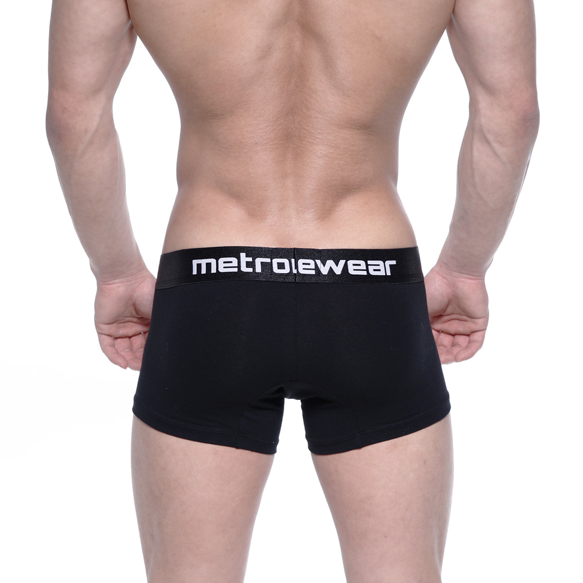 Black MetroMaleWear cotton short boxer briefs with intense 7 inch inseam and white logo waistband