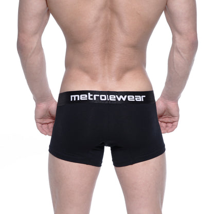 Black MetroMaleWear cotton short boxer briefs with intense 7 inch inseam and white logo waistband