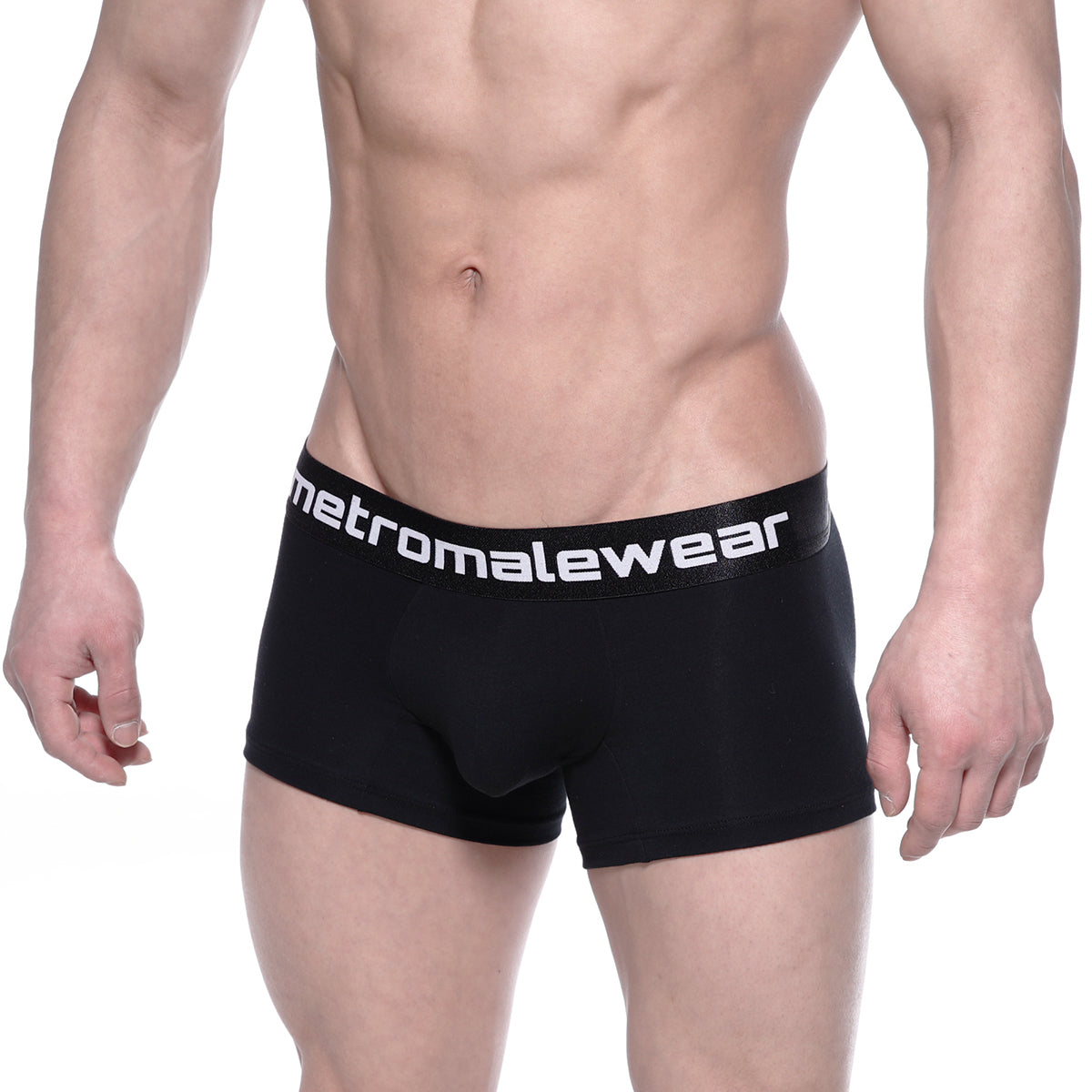 Black mens cotton briefs with a white metromalewear logo on the waistband for comfortable everyday wear