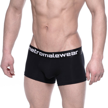 Black mens cotton briefs with a white metromalewear logo on the waistband for comfortable everyday wear