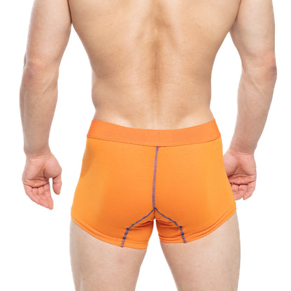 Bright orange MetroMaleWear Ciclerut short boxer briefs with 7 inch leg, matching waistband, and subtle purple stitching