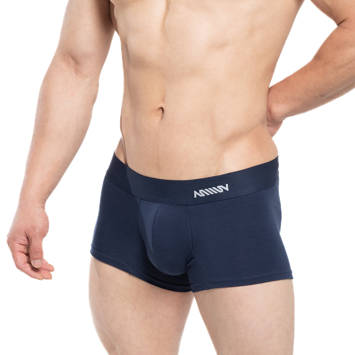 Navy blue men’s boxer briefs metro male wear profundo short boxer 7 inch with supportive pouch and white logo waistband