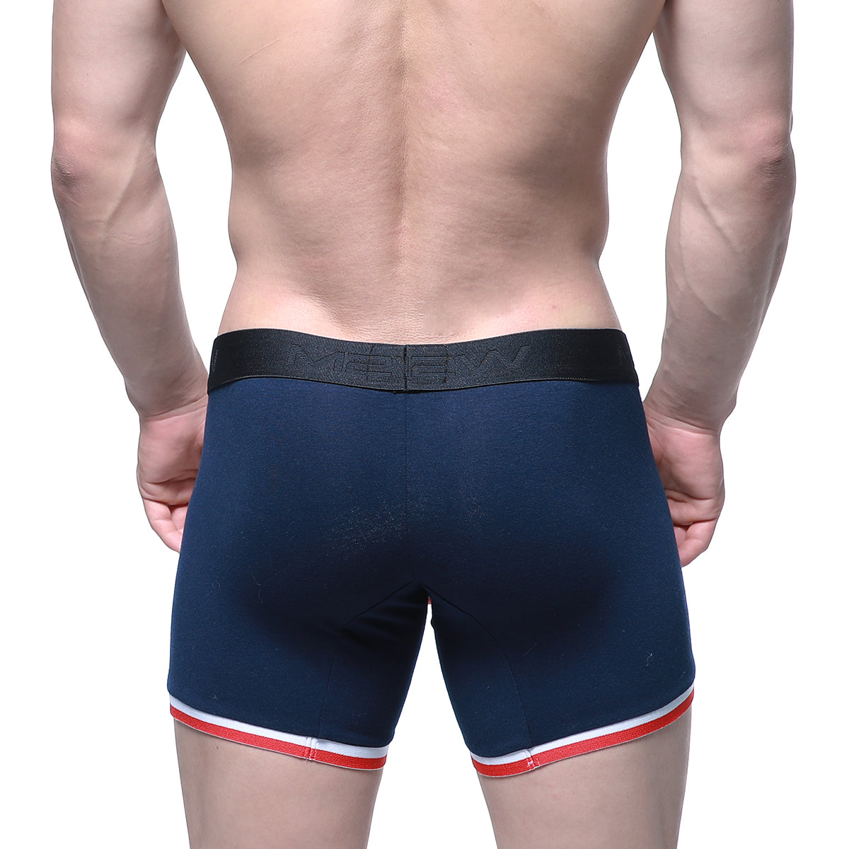 Navy blue MetroMaleWear Oviedo Short Boxer 7 inch boxer briefs with black elastic waistband and red white trim