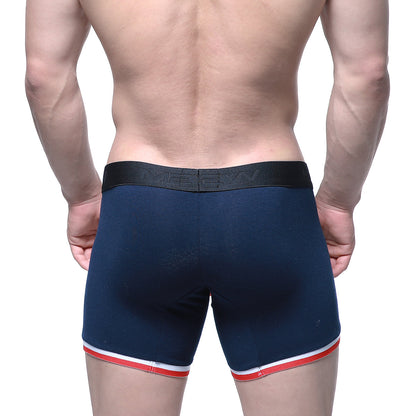 Navy blue MetroMaleWear Oviedo Short Boxer 7 inch boxer briefs with black elastic waistband and red white trim