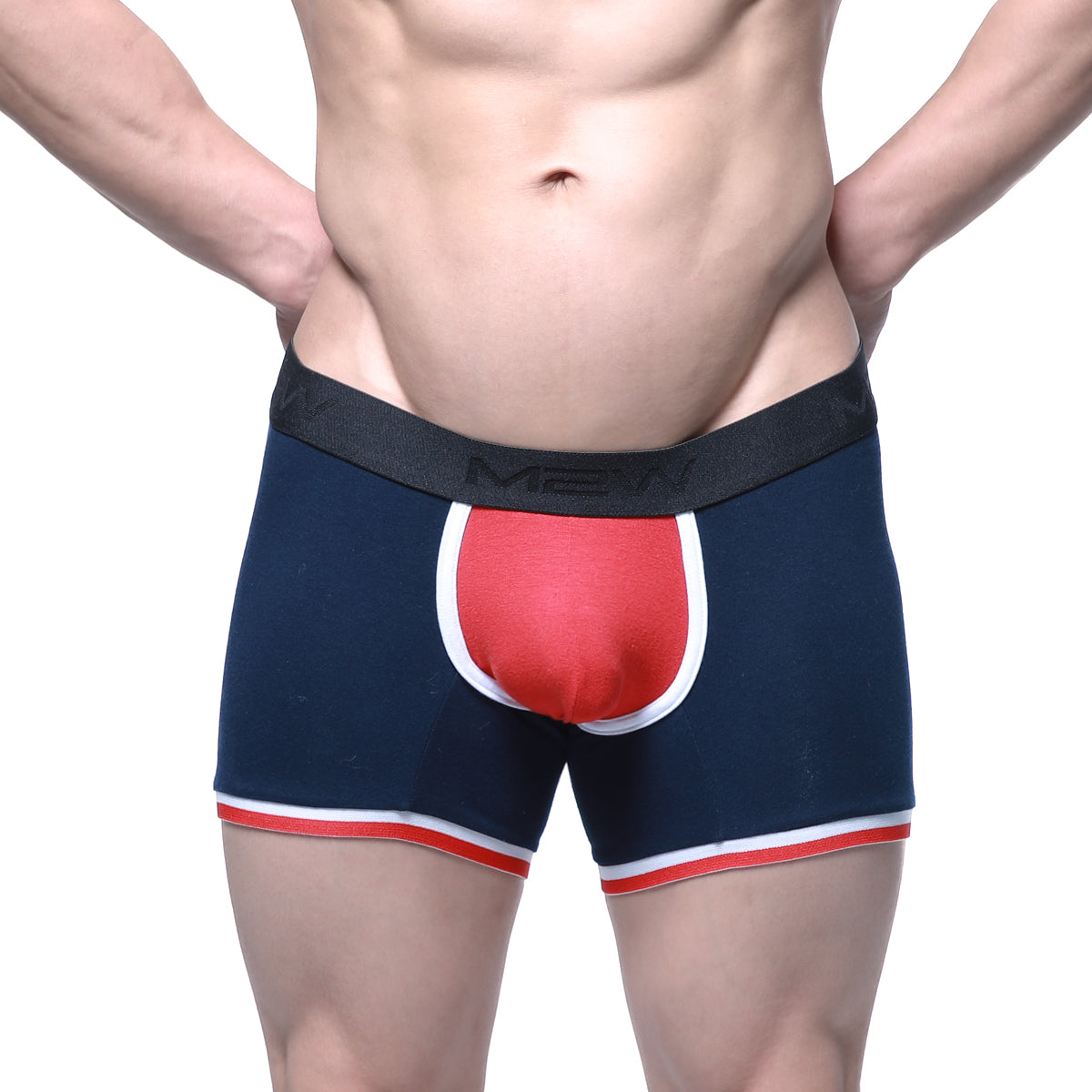 Men navy blue boxer briefs with red and white pouch accent and black waistband logo metro malewear oviedo short boxer