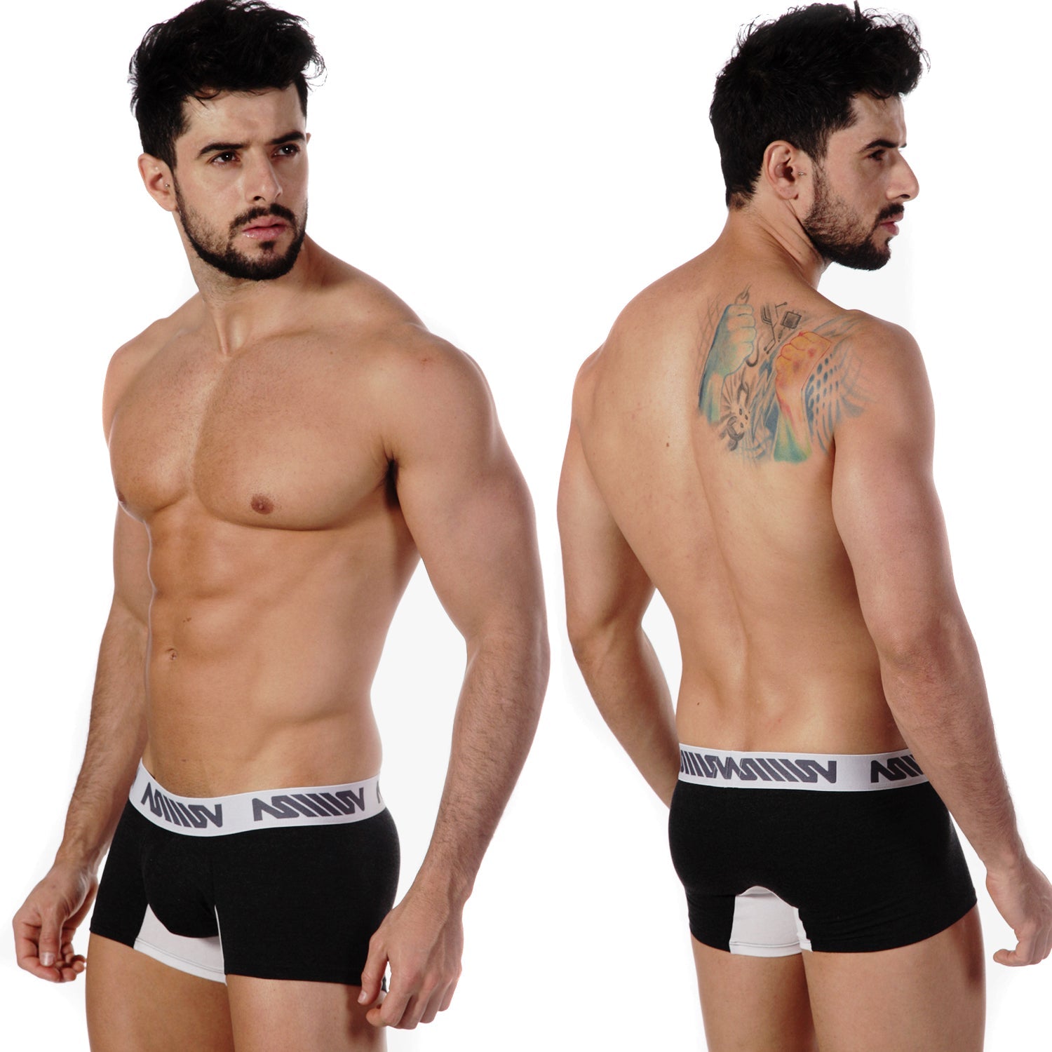 Black MetroMaleWear bi-color short boxer briefs heather 3022-32 with white trim and repeating logo waistband