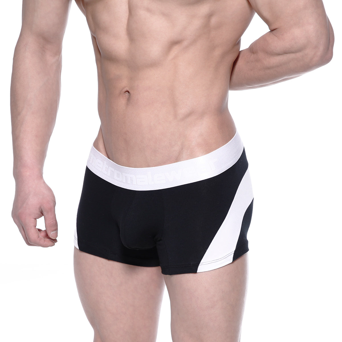 Black and white cotton short boxer briefs with bold diagonal stripe design from MetroMaleWear arc 7 3022-53