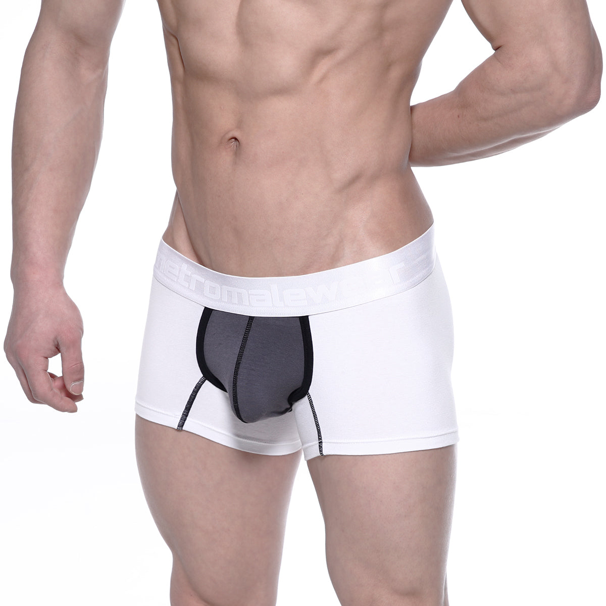 White cotton metro malewear boxer briefs with black mesh panel and elastic waistband featuring brand name