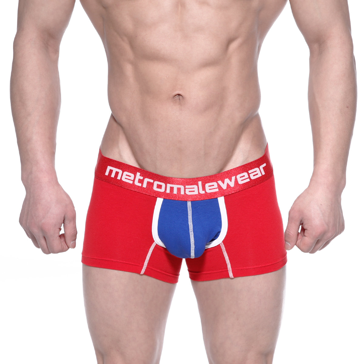 Red and blue cotton metro male wear short boxer briefs with white trim and logo waistband 7 inch inseam