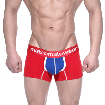 Red and blue cotton metro male wear short boxer briefs with white trim and logo waistband 7 inch inseam