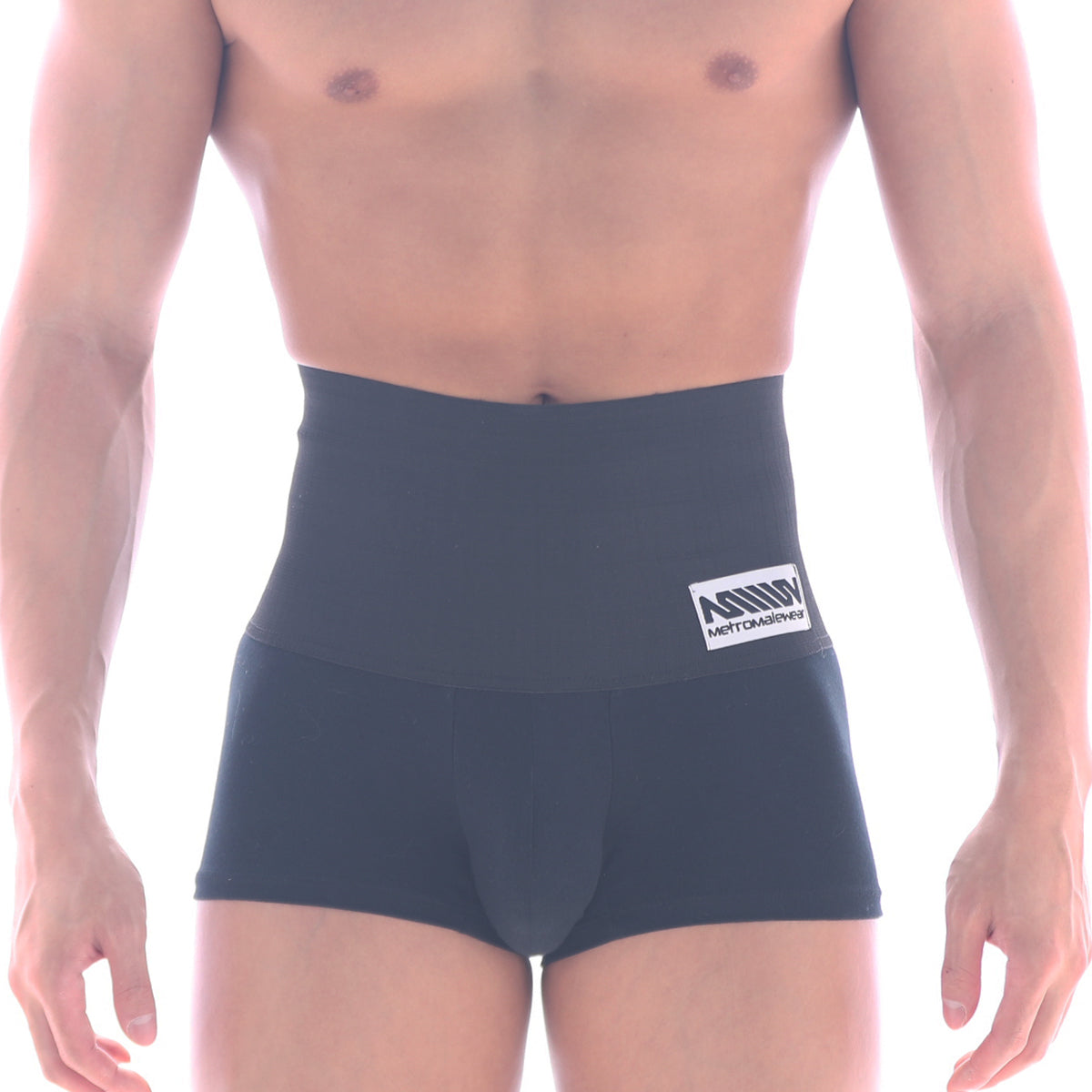 Black high-waisted boxer briefs with a white logo patch on the waistband from MetroMaleWear shaper hip trunk 3022-80