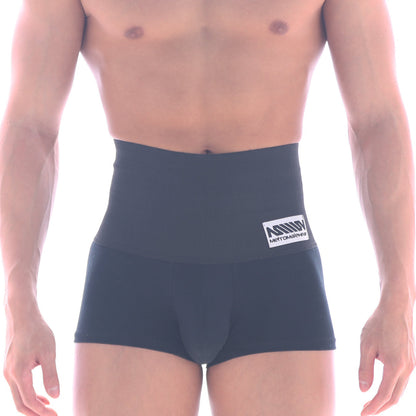 Black high-waisted boxer briefs with a white logo patch on the waistband from MetroMaleWear shaper hip trunk 3022-80