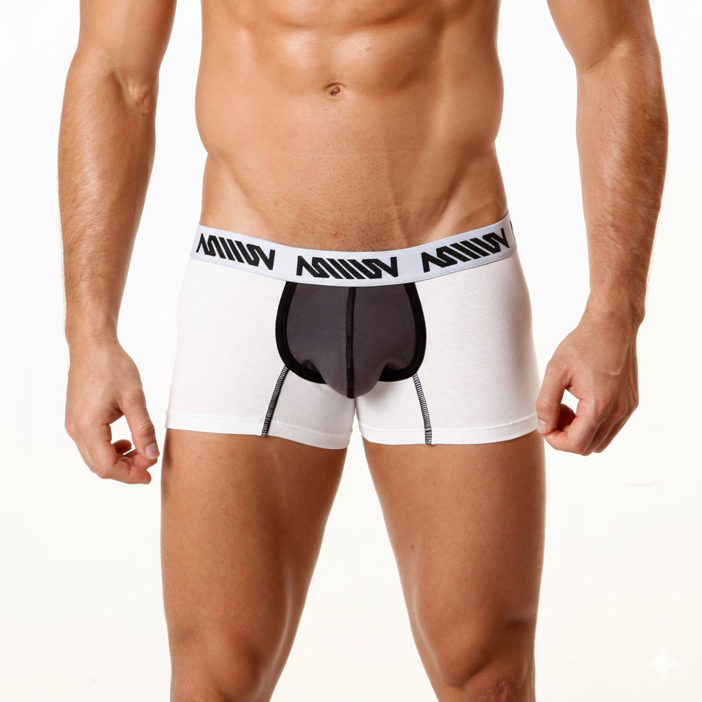 MetroMaleWear cotton short boxer briefs in white and black with a branded waistband and a 7 inch inseam