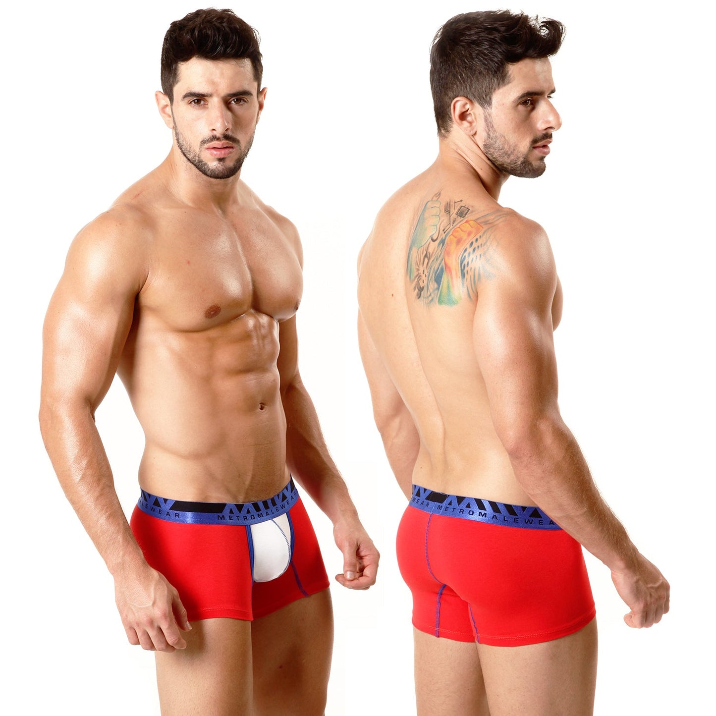 Red mens cotton boxer briefs with white pouch and blue waistband branded metro malewear metro malewear