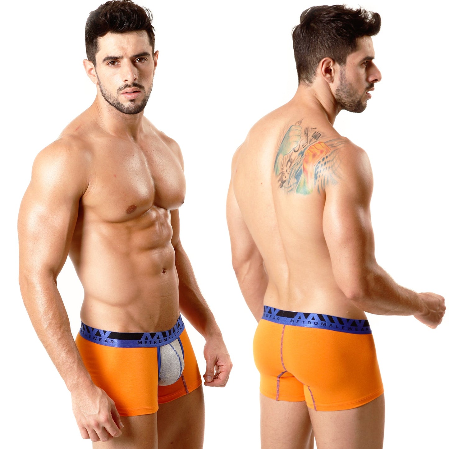 Orange metro male wear cotton short boxer briefs with blue metromax waistband and silver mesh front panel