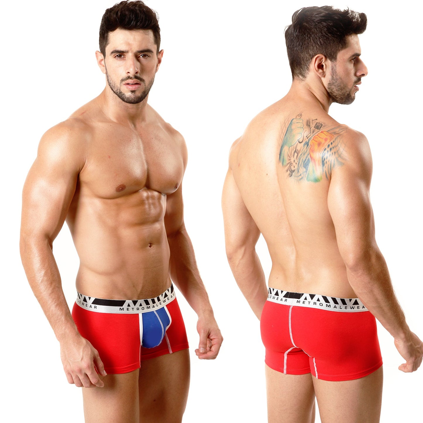 Red and blue MetroMaleWear tricolor short boxer briefs with black and white striped waistband 7 inch 3022-C13