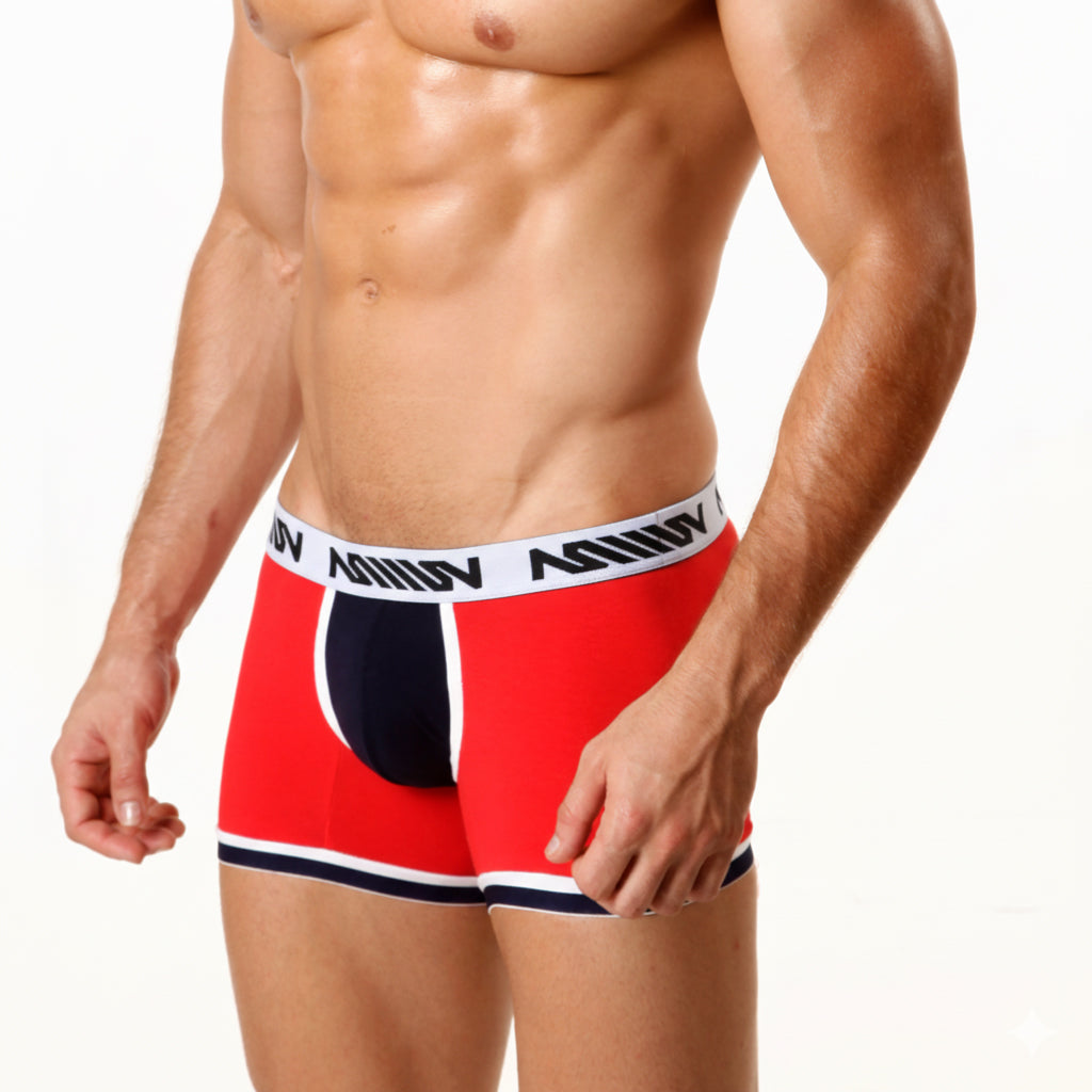 Red and navy blue metro male wear 7 inch boxer briefs with white waistband and anv logo for comfortable support