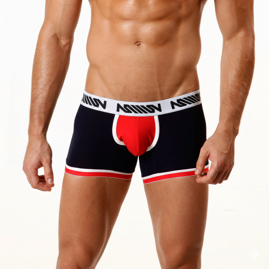 Navy blue and red MetroMaleWear men’s boxer briefs with white trim and bold M logo waistband for comfortable wear