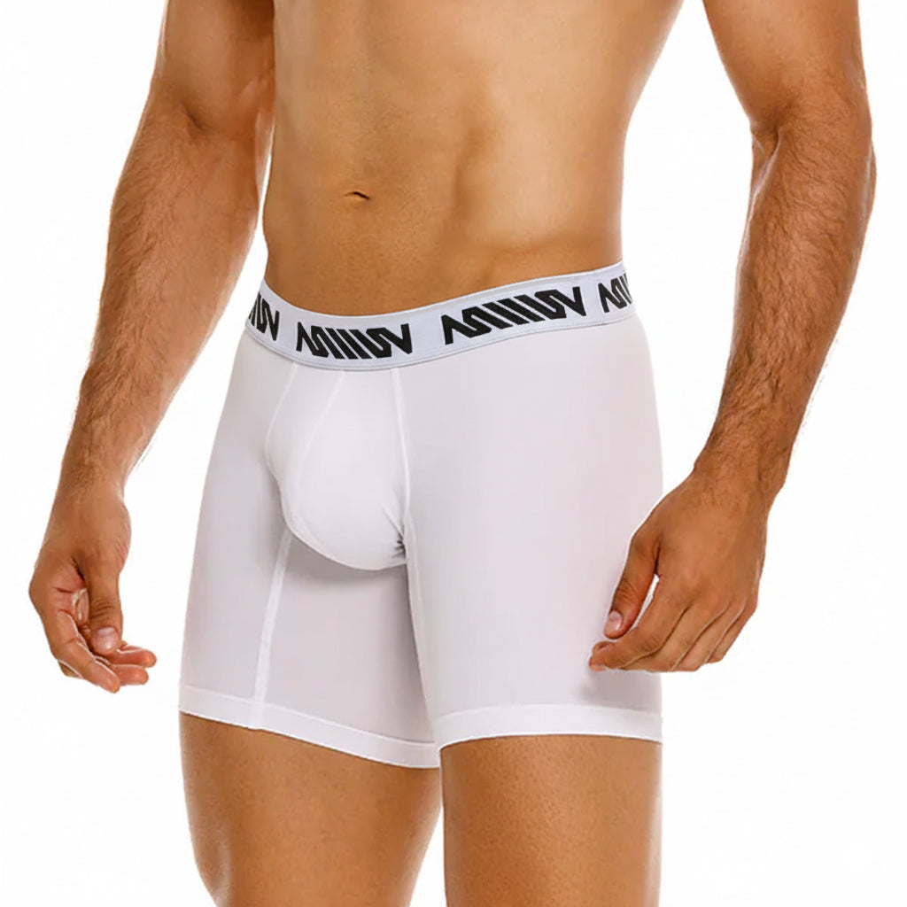 White men’s cotton boxer briefs with 10 inch inseam and black amin logo band from MetroMaleWear