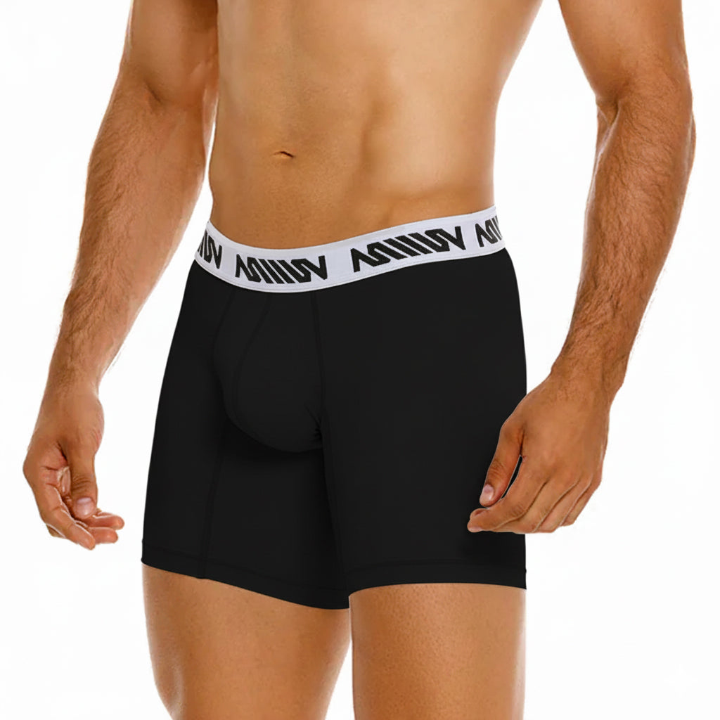 Black cotton MetroMaleWear boxer briefs with white elastic waistband featuring black amin branding mid length