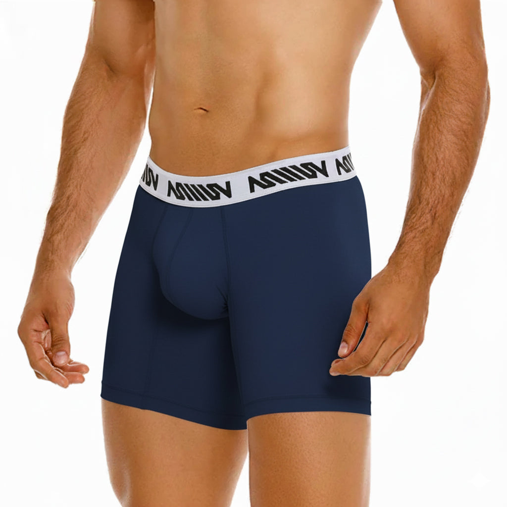 Navy blue cotton MetroMaleWear mid boxer briefs with white elastic waistband and black logo text 10 inch length