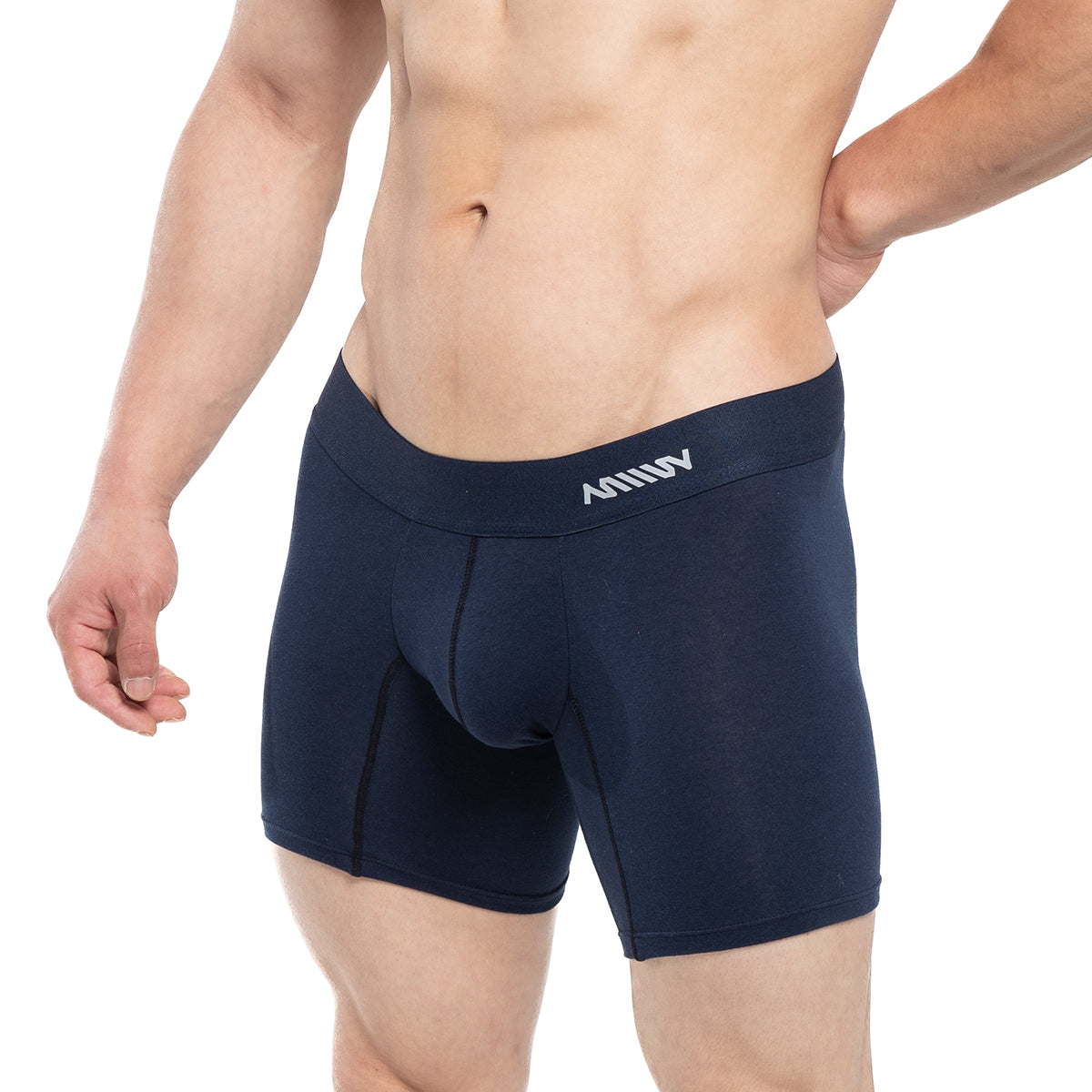 Navy blue MetroMaleWear Profundo mid boxer briefs with white logo waistband and 10-inch inseam for men