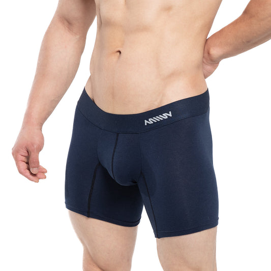 Navy blue MetroMaleWear Profundo mid boxer briefs with white logo waistband and 10-inch inseam for men