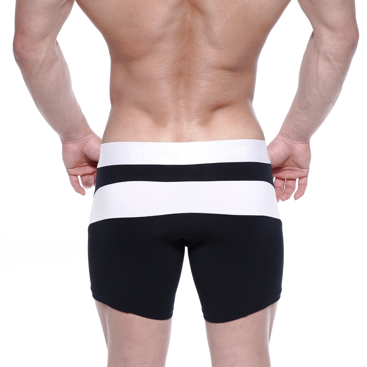 MetroMaleWear cotton mid boxer arc 10 inch black and white striped athletic shorts with a snug form-fitting design