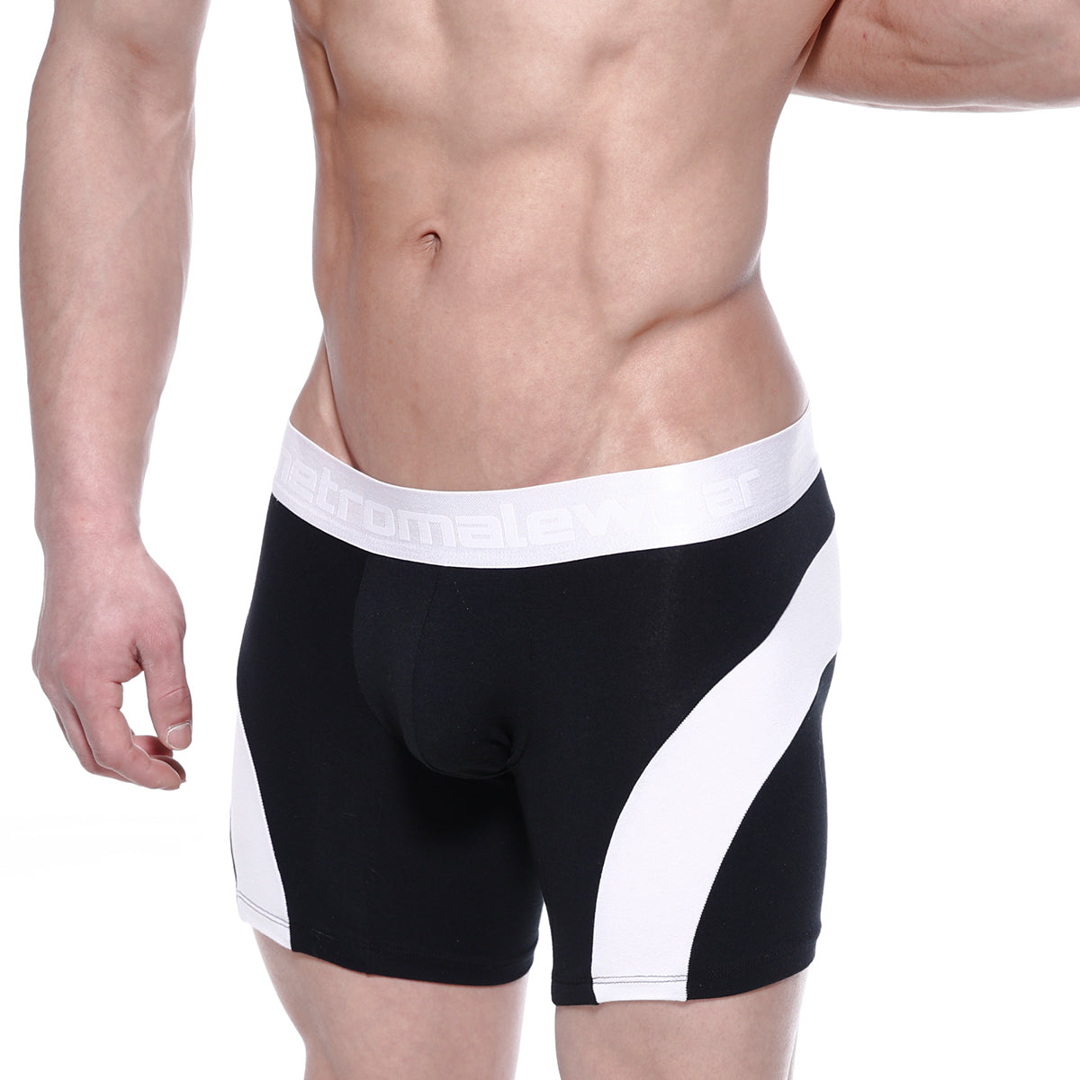 Black and white cotton metroMalewear mid boxer arc 10 inch briefs with sleek form fitting design and bold diagonal stripes