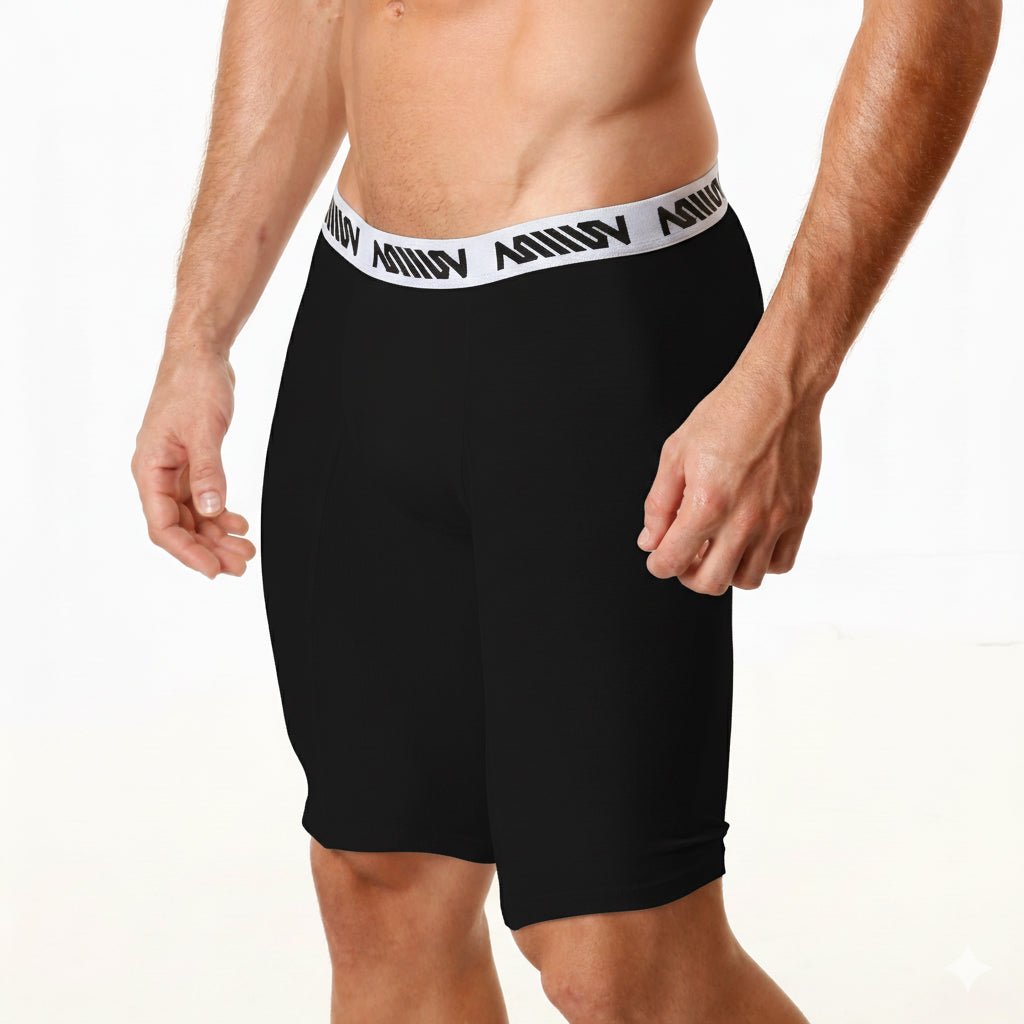Black mens cotton athletic shorts with white elastic waistband and aquav logo metroMalewear long 15inch