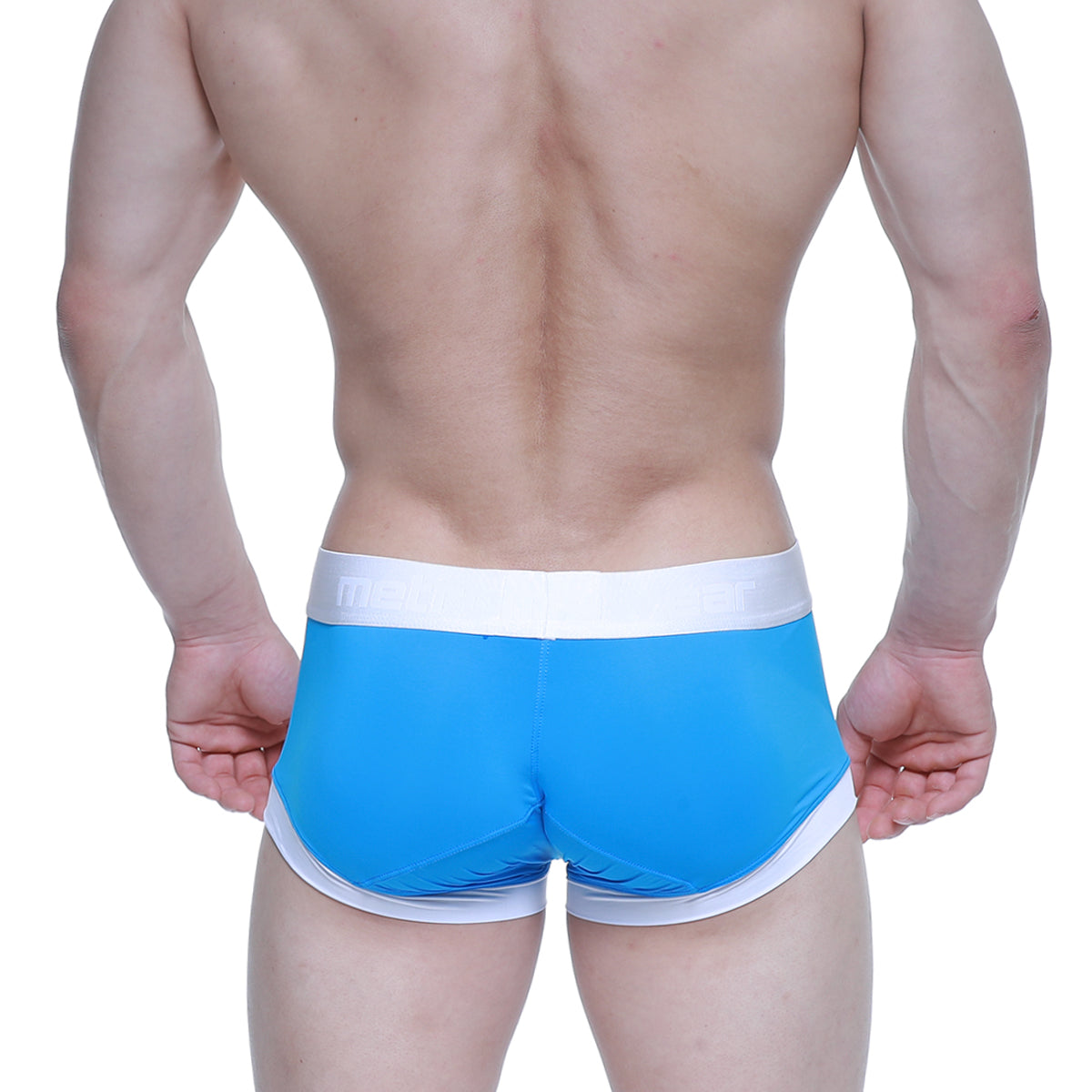 Bright blue metro male wear crema boxer brief with white trim and textured pattern on sides for athletic use