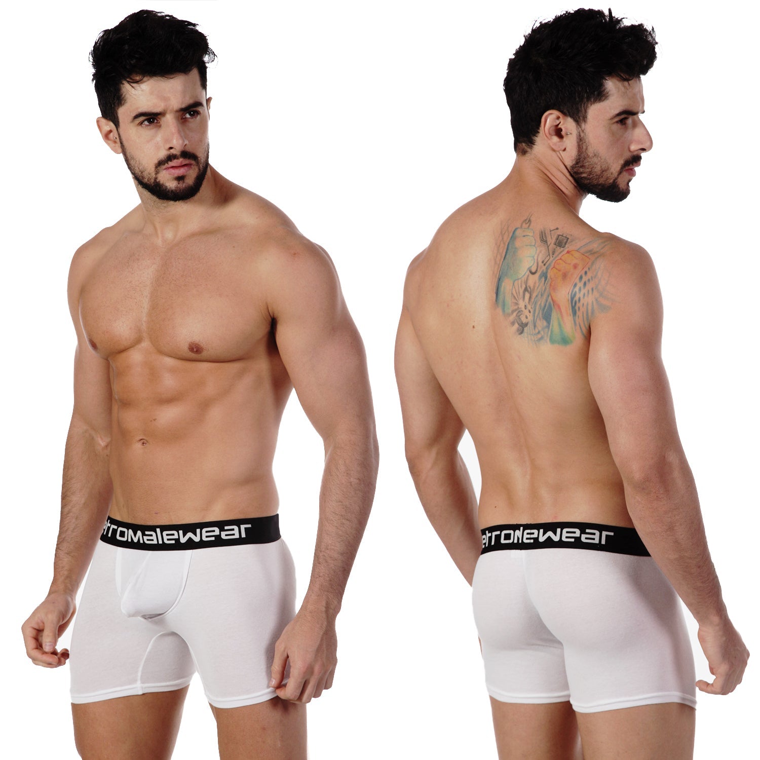 White mens pima cotton boxer briefs with black elastic waistband branded romalewear by metromalewear
