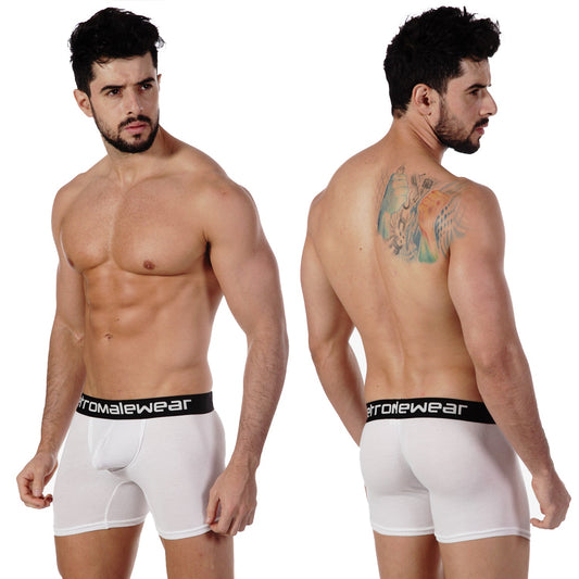 White mens pima cotton boxer briefs with black elastic waistband branded romalewear by metromalewear