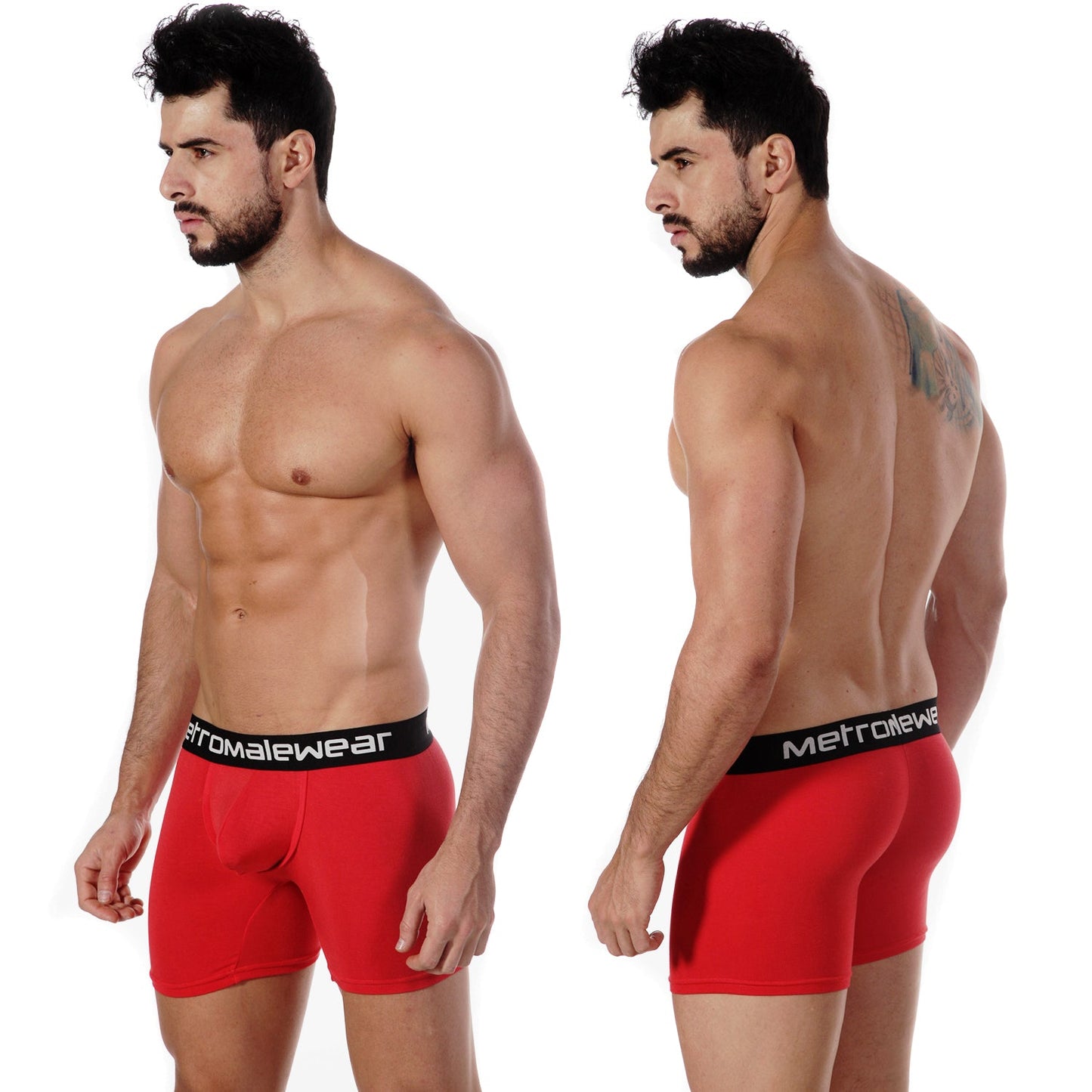 Red men’s pima cotton boxer briefs with black waistband and metromalewear branding for comfortable daily wear