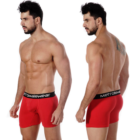 Red men’s pima cotton boxer briefs with black waistband and metromalewear branding for comfortable daily wear