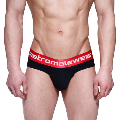 Black briefs with red elastic waistband featuring metromalewear logo designed for comfort and style metroMaleWear downhole brief
